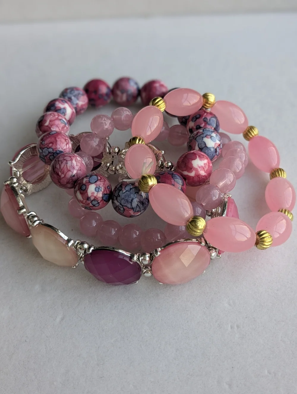 Set of 4 Pink Stretch Bracelets | Layered Stack | Beaded & Statement Jewelry - Picture 3 of 4